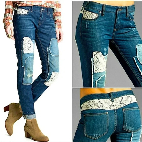 Free People Patchwork Skinny Jeans Size 25 Daisy Haynes Crochet Lace Festival - Picture 3 of 14